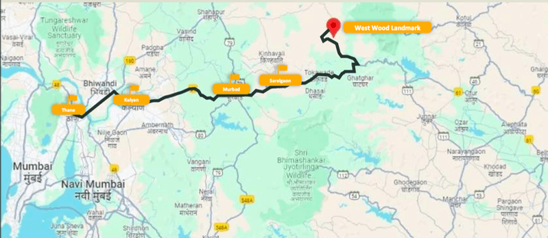 Drive route from Mumbai through Thane, Kalyan, Murbad and Saralgaon to West Wood Landmark