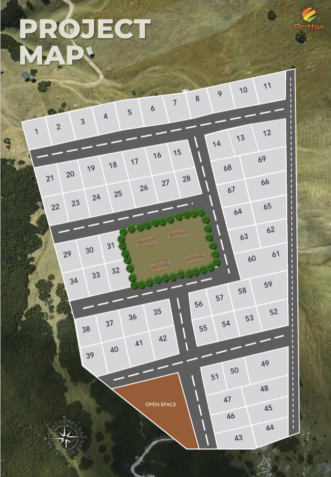 West Wood Camelliia project map showing 69 plots, internal roads and a central open space